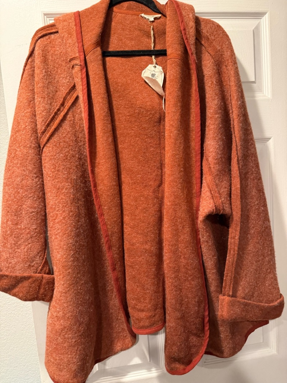 Easel Cozy Open-Front Hooded Cardigan Sweater - Rust Orange